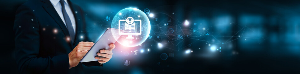 Digital learning, Businessman manage and analysis of growth graph data on online education platforms, interactive training modules, virtual classroom technologies, personalized learning analytics.