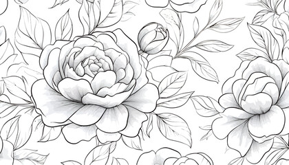 Intricate black and white floral pattern featuring roses and leaves.