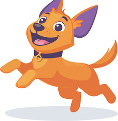 Happy orange cartoon dog with purple ears jumping joyfully.