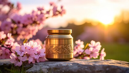 Golden keepsake amidst cherry blossoms during golden hour for memory preservation