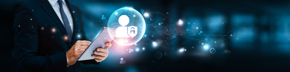 Privacy protection concept. Businessman manage and analysis of growth graph data on user data...