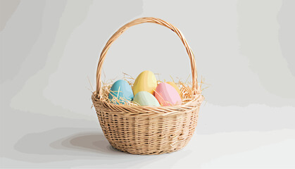 Colorful Easter eggs in a woven basket on a light background.