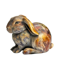 Small, seated rabbit figurine with mottled, earthy tones
