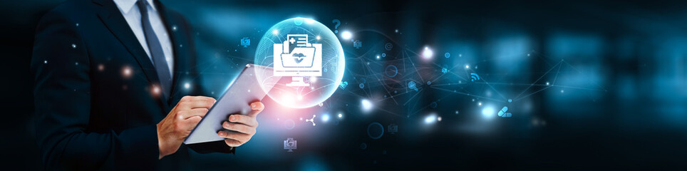 Remote healthcare delivery concept. Businessman manage and analysis of growth graph data on virtual patient monitoring, digital health records, telemedicine platforms, real-time medical diagnostics.