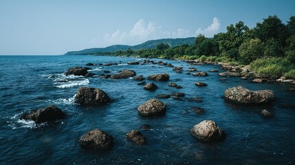 Rocky shoreline with placid water under a clear sky.