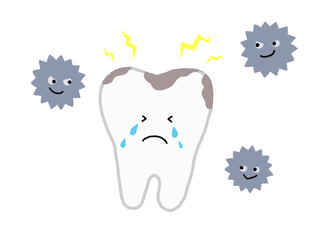 虫歯で泣いている歯のキャラクターと虫歯菌・主線あり