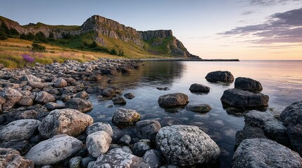 Rocky shoreline at sunrise with a dramatic cliff face.