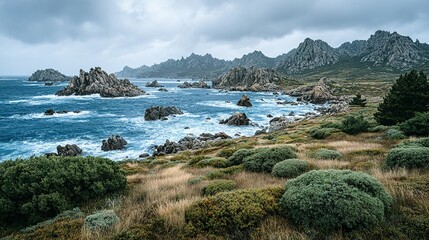Rugged coastline with dramatic cliffs and a moody sky.