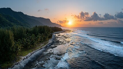Lush tropical coastline at sunset.
