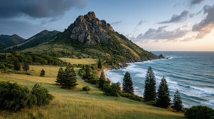 Scenic coastal view of a grassy hilltop overlooking a tranquil beach.