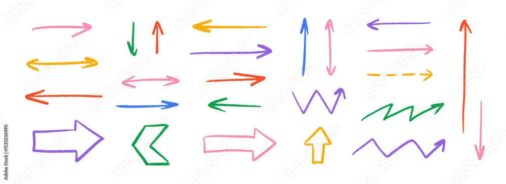 Poster colorful hand drawn crayon arrow collection. straight zig zag and dash doodle arrows set. charcoal s