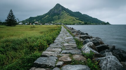 Stone walkway leading to a tranquil ocean vista.