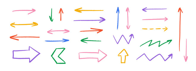 Colorful hand drawn crayon arrow collection. Straight zig zag and dash doodle arrows set. Charcoal sketch pointers and direction lines. Vector pastel pencil, chalk or marker brush stroke elements