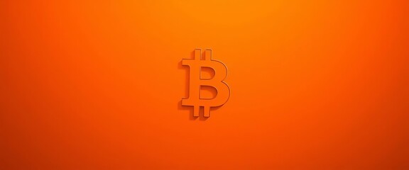 Fototapeta premium Bitcoin symbol cast shadow on orange backdrop, blockchain, wallet