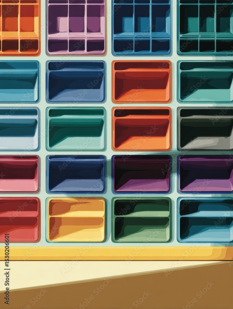 Poster vibrant retro-style illustrated bracket grid showcasing colorful storage compartments and ample spac