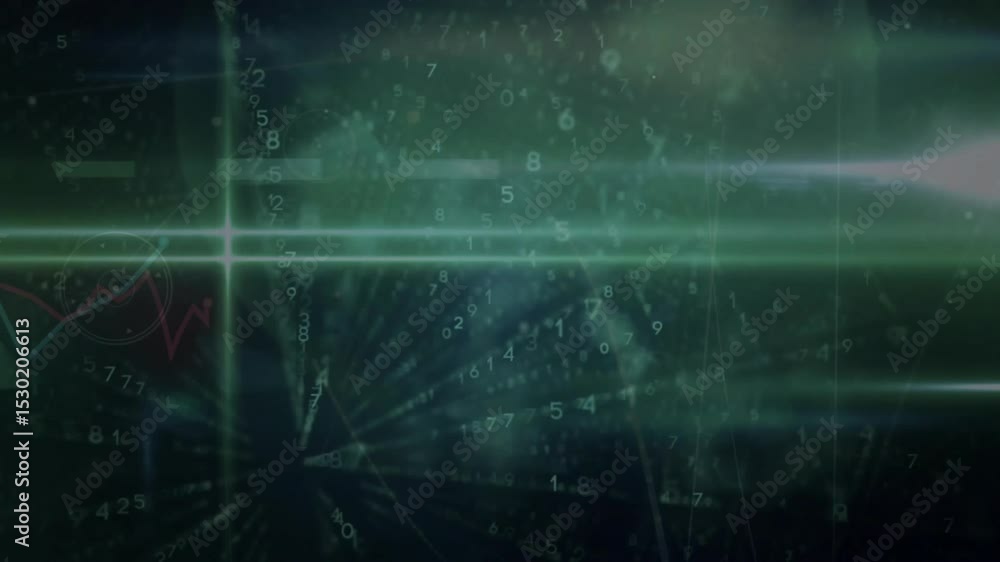 Poster upon data activation, central green beam pulsing as radial digits bursting visualizing live data