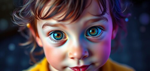 Naklejka premium Wide-eyed child's face, vibrant hues, whimsical details, magical aura, happiness, face