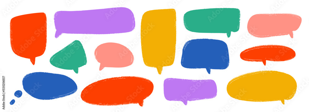 Aufkleber Colored hand drawn speech bubble collection. Playful Doodled marker dialog box set. Scribbled textured comic talk frames. Bright sketched chat box pack. Red and blue balloon text box bundle. Vector 