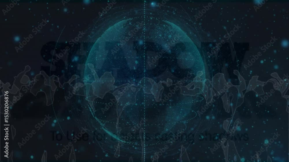 Poster opening 3d globe forming, rotating, figures cheering particles orbiting shadow text fading uniting