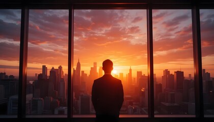 Naklejka na ściany i meble Businessman silhouette looking at city skyline sunset view from office window success concept