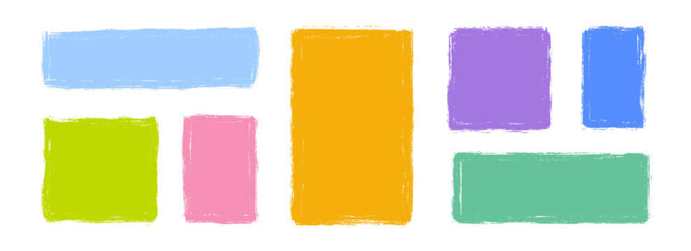 Colorful crayon text box set. Hand drawn rectangle sticker shape collection. Rough edge geometric patch pack. Playful doodled borders and frames. Vector bright painted elements for collage, banner