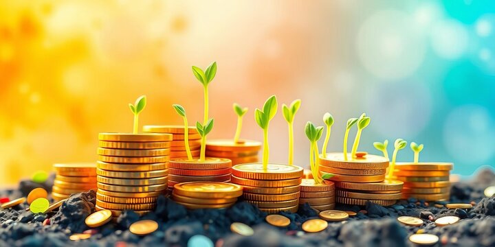 Watercolor painting of gold coin stacks with vibrant green sprouts emerging,  stacks,  element - Powered by Adobe