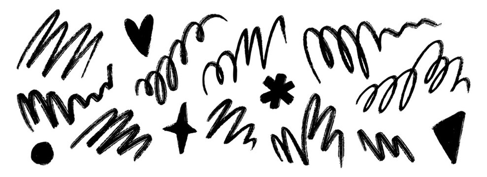Hand drawn pen scribble set. Grunge crayon doodled line pack. Black free hand rough curly pencil scrawl try collection. Messy charcoal squiggle brush stroke bundle. Vector wiggly marker sketch swirl