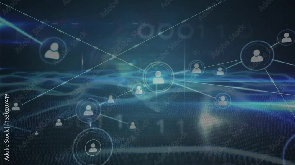 Poster on pulsing ring initiating network, avatars materializing and linking across glowing grid