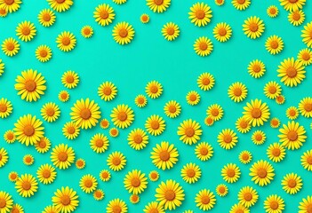 Obraz premium Vibrant teal background features repeating diamond pattern of bright yellow daisies , pattern, background