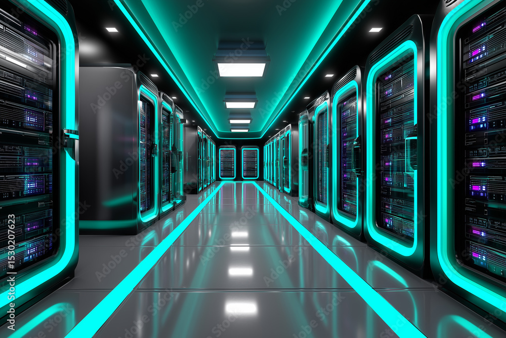 Poster modern server room with glowing neon light data center network technology