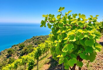 Naklejka premium Vibrant green grape vines on hillside overlooking tranquil blue sea , travel, wine country