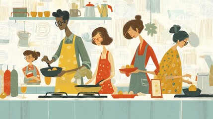 Obraz premium Joyful Kitchen Moments Friends Cooking Together, Sharing Recipes and Laughter