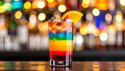 A vibrant, colorful cocktail garnished with an orange slice, showcasing multiple layers of bright colors in a glass filled with ice.
