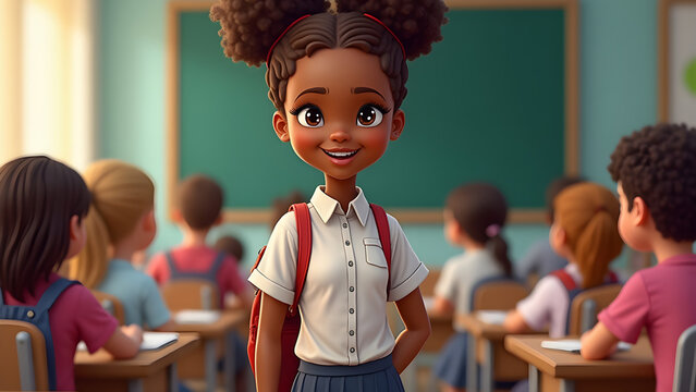 Confident AfricanAmerican girl in school uniform stands before classroom diverse group of students eager to learn