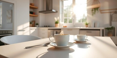 Sunlight streams into a bright modern kitchen illuminating a white table set for summer breakfast with a steaming cup of coffee,  coffee,  bright