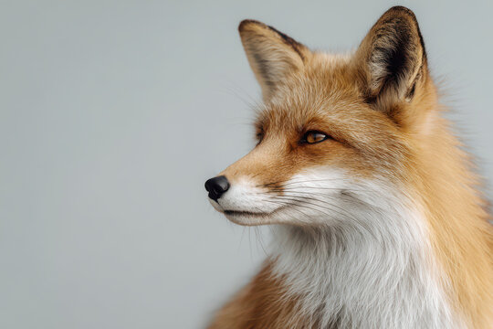 minimalist photograph of fox on clean light gray background emphasizing ultrabright color of its fur - Powered by Adobe