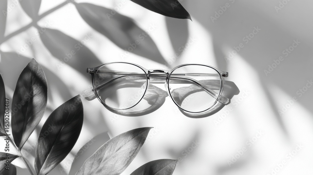 Poster stylish glasses on a flat surface with playful plant shadows creating an elegant design