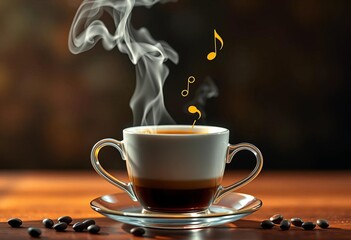 Steaming coffee, musical notes rising from cup, design, positive