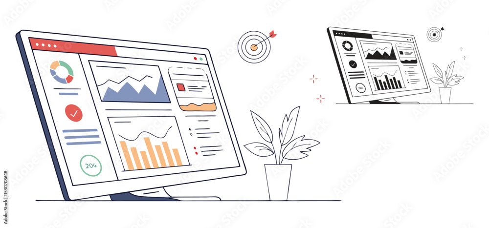 Poster illustrated computer screen displaying various charts and graphs for data analysis with a target sym