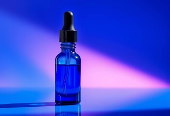 Naklejka premium Sleek blue serum bottle with dropper, modern aesthetic, vibrant blue backdrop, lab, product