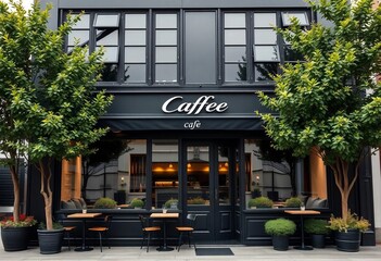 Naklejka premium Sleek black cafe exterior, large windows, flanking trees, greenery, branches