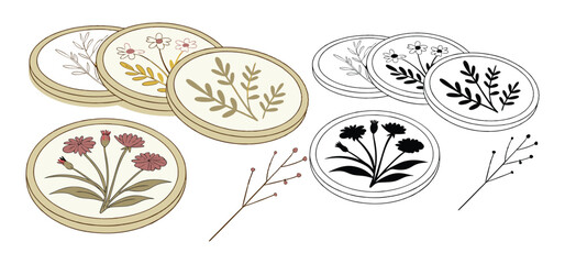 Illustration featuring a collection of decorative floral designs in both color and monochrome variations against a plain white backdrop.