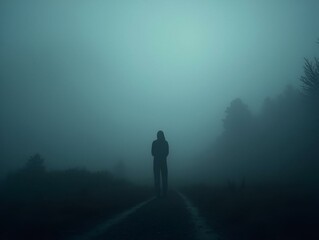 Foggy panorama, dark and somber scene representing depression and loneliness, isolated figure, deep shadows, emotional and haunting atmosphere