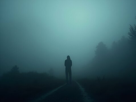 Foggy panorama, dark and somber scene representing depression and loneliness, isolated figure, deep shadows, emotional and haunting atmosphere