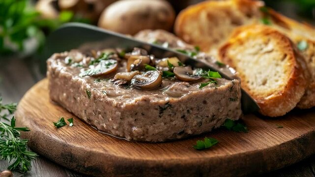 Mushroom pate served with toasted bread being cut on a wooden board close-up