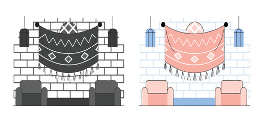 Obraz premium Interior design illustration featuring patterned wall art, armchairs, and decorative lamps on a brick wall background.