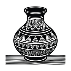 Intricate black and white illustration of a decorative ceramic vase featuring geometric tribal patterns on a white background