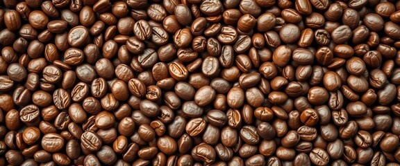 Fototapeta premium Rich brown coffee beans fill the frame, showcasing their texture and roasted sheen, coffee shop, drink