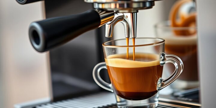 Espresso machine pouring rich brown coffee into a cup, double shot, italian