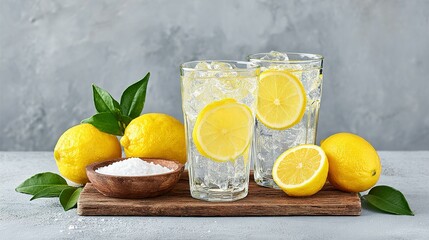 Refreshing lemonade with ice and fresh lemon slices.